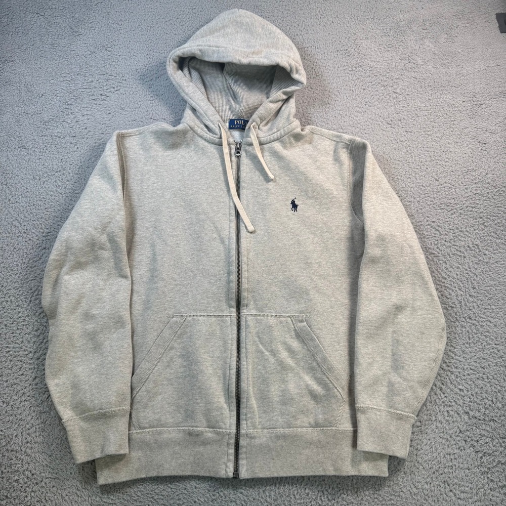 Polo Ralph Lauren Mens Heather Gray Full Zip Fleece Hoodie Large Waffle Lined